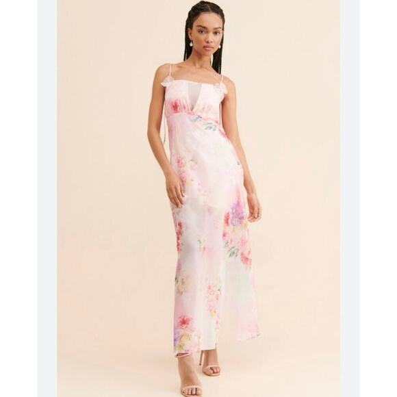 NWOT For Love & Lemons Lisa Bouquet Watercolor Floral Maxi Dress Pink Medium - Picture 1 of 15